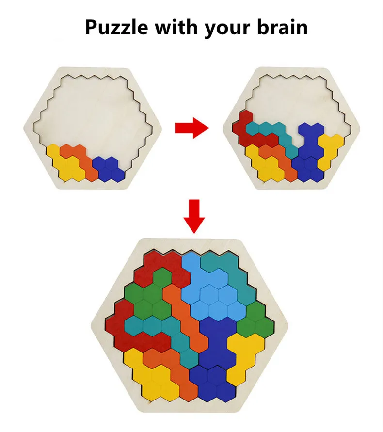 Hotgod Puzzle Tetris hexagonal en bois pour tout-petits Tangram Puzzle Montessori Cadeau éducatif pour enfants et adultes 