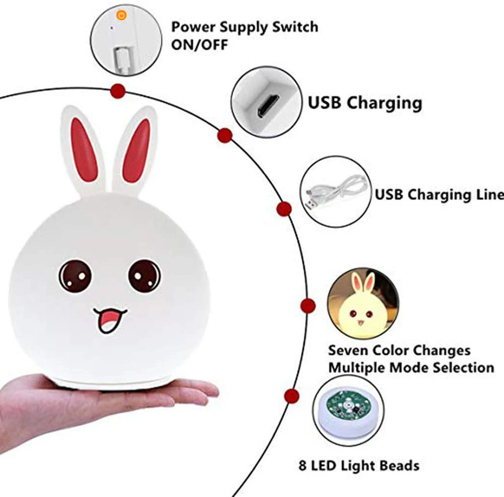 Cute Silicon Rabbit LED Night Lamp Baby Kid Bedside Light Touch Sensor  7Color Rechargeable Nightlight for Bedroom Children Gift