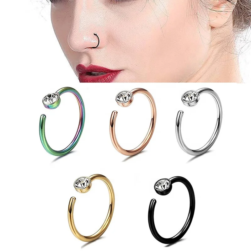 Trendy Simple Gold Color C Shape Clip on Fake Lip Piercing Jewelry Fashion Stainless Steel Crystal Nose Hoop Ring
