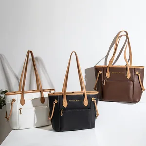 2026 Trendy Women's Large Capacity Tote Bag PU Leather Contrast Strap Handbag with Front Zipper Pocket