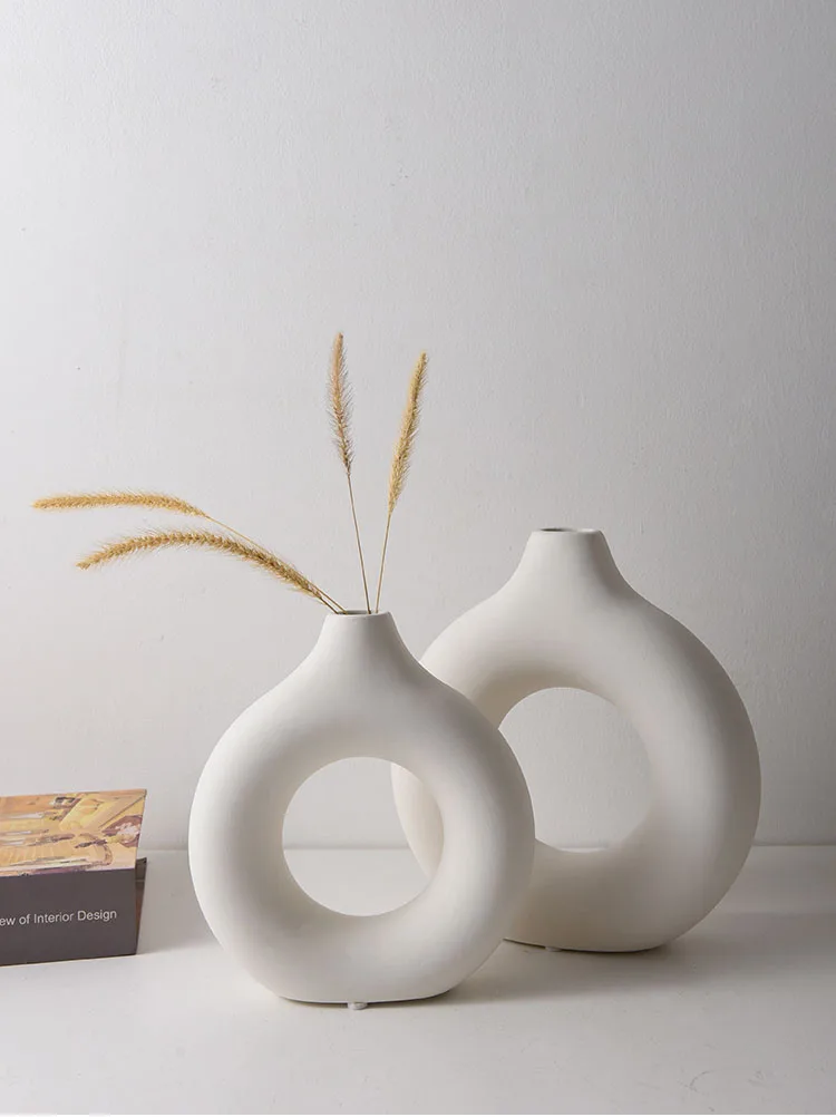 Nordic Circular Hollow Donuts White Vases for Home Decor