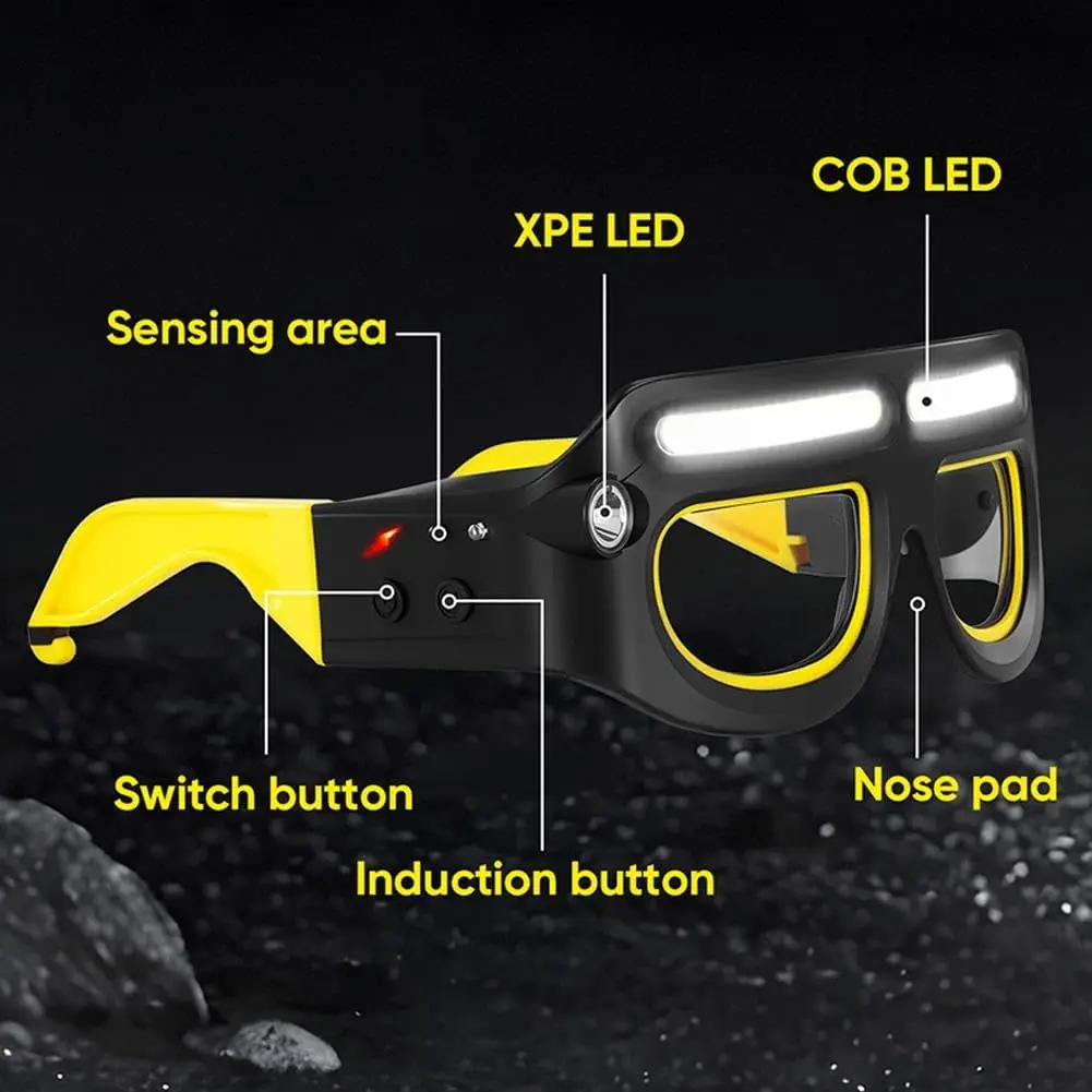 Ultra Light LED Safety Glasses Headlamp Flashlight Hands-Free Wave Sensor Control Rechargeable 6000K Daylight Outdoor Use