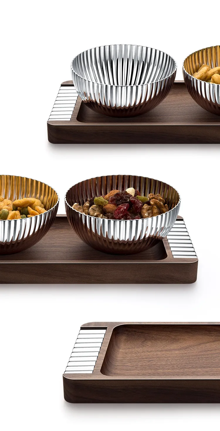3 Pcs10cm Multipurpose Home Hotel Stainless Steel 304 Wooden Tray Dry Fruit Nut Serving Decorative Bowl Gift Set for Home Decor