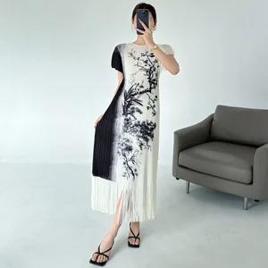 2025 Summer Retro Guofeng Chinese Tassel Dress for Women Miyake Pleat Short Sleeve Age Reduction Eco-Friendly Natural