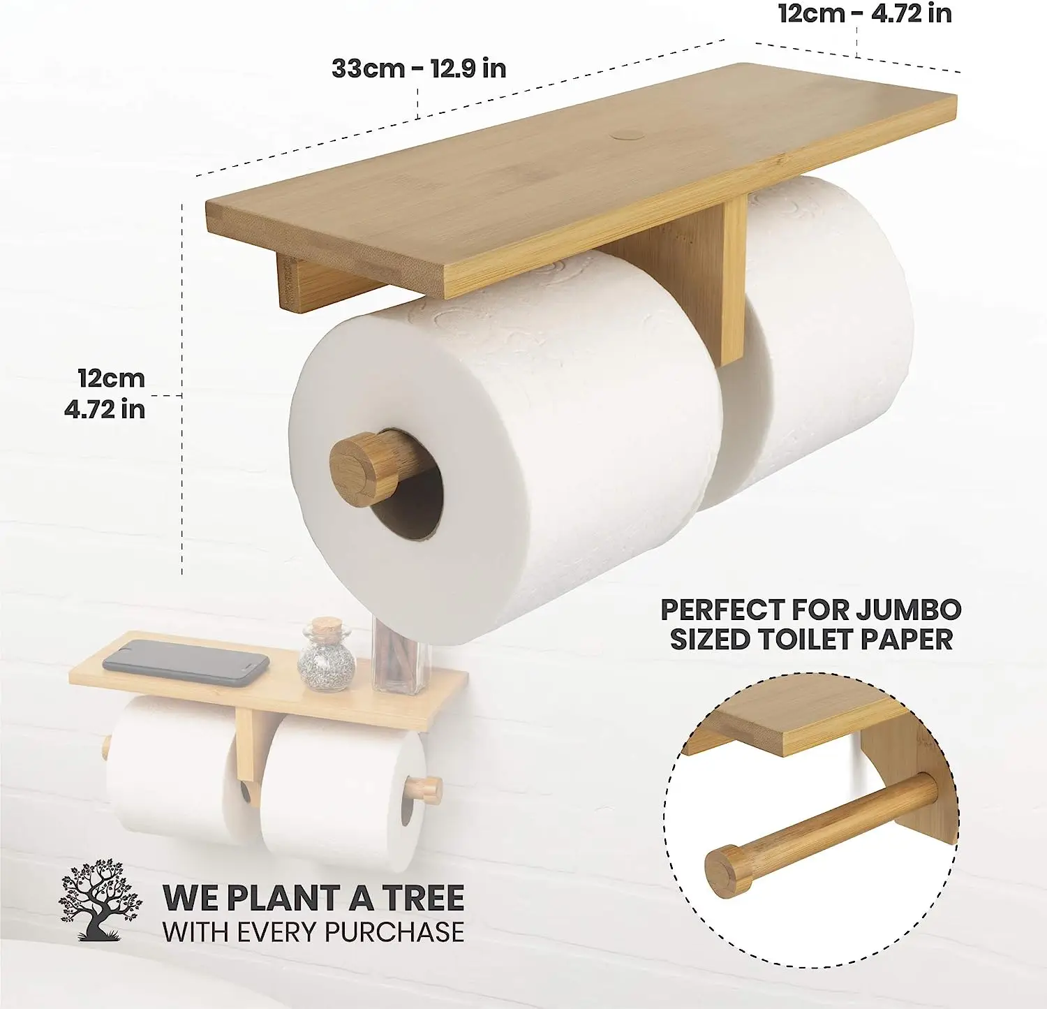 product bamboo toilet paper holder with shelf   wall mounted double roll tissue dispenser with storage shelf for bathroom sturdy-0