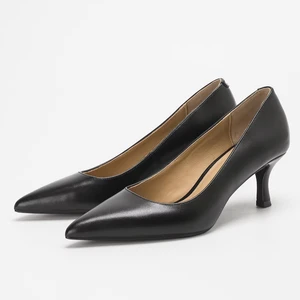 6002-25 Black Pointed Toe Matte Leather Women Pumps Shoes Mid Heel Comfortable Women's High Heel Shoes for Office Work