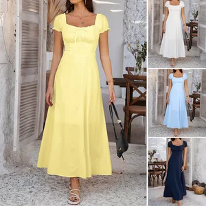 Pure Color Midi Corset Dress Boho Flowy Slit Lace Up Dresses for Women Going Out A Line Casual Sundress Bubble Sleeve