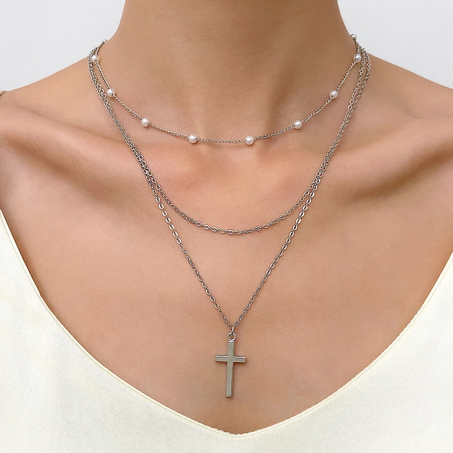 New Laminated Cross Necklace For Women Ins Style Pearl Alloy Multi