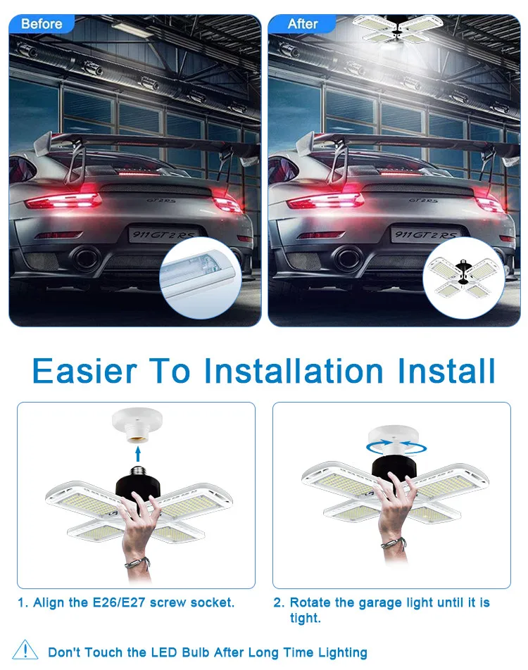 Indoor Lighting Deformable 60W 6000LM 6500K 4 Leaf Ceiling Warehouse Workshop LED Garage Lights E26 E27