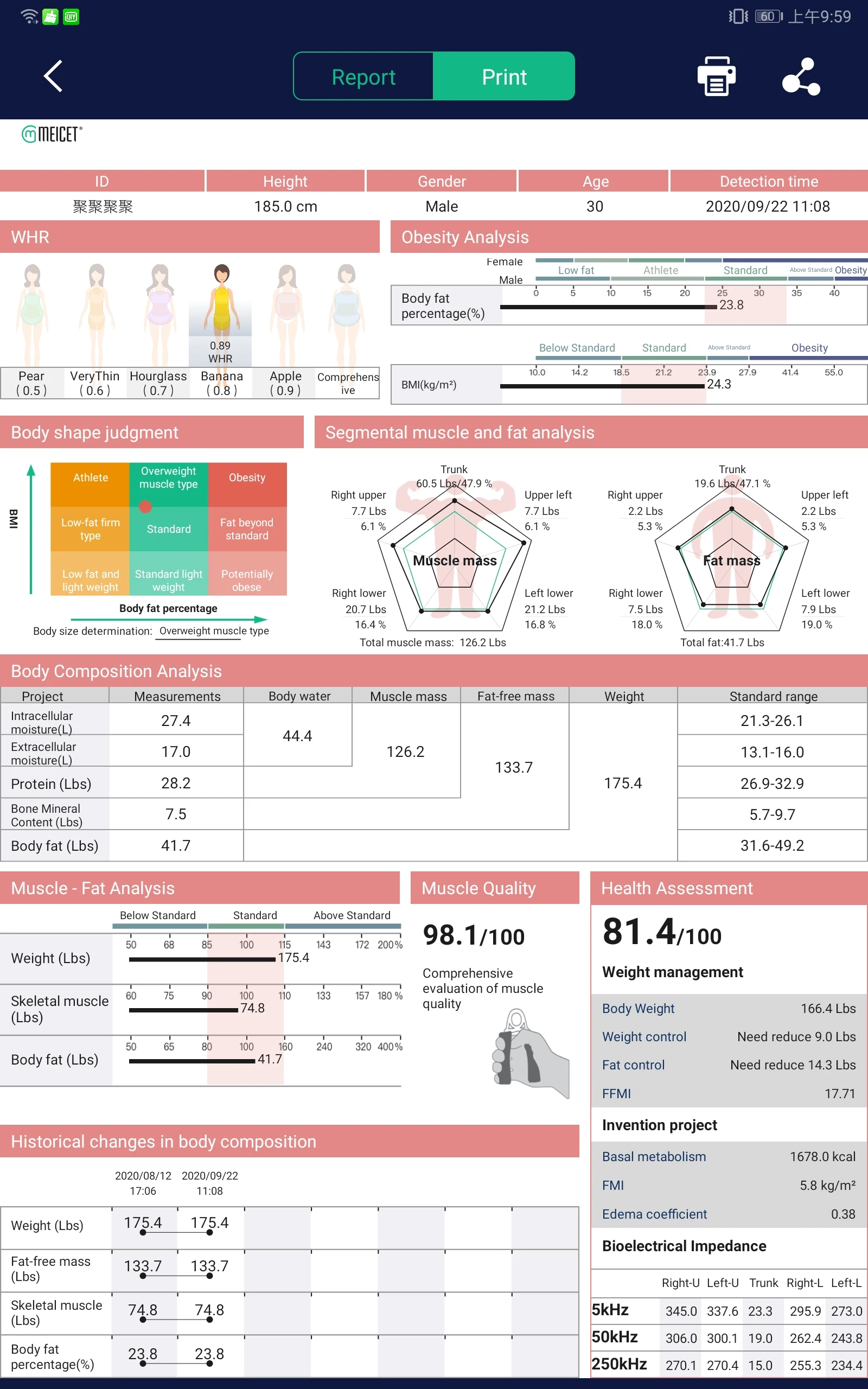 Meicet BCA 100 Body Composition Analyser BIA Technology Health Biometric Body Fat Analyzer for Body Care