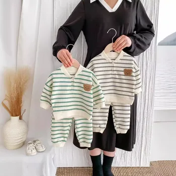 2024 autumn infants and young clothes striped cartoon long-sleeved sweatshirts boys and girls baby pullovers casual suit