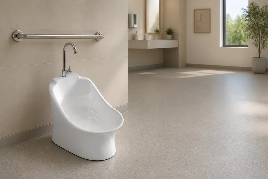 Dual-height wudu basin row with sensor faucets in an inclusive mosque washroom