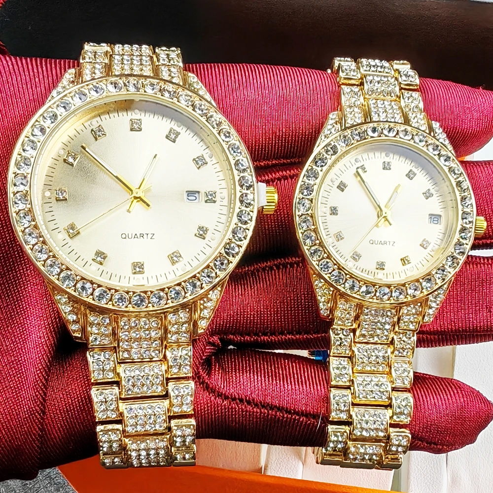 Luxury Couple Watch Set with Diamond, Box, and Necklace