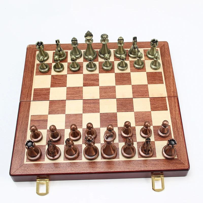 Metal Chess Set with Folding Wooden Chess Board and Classic Handmade 