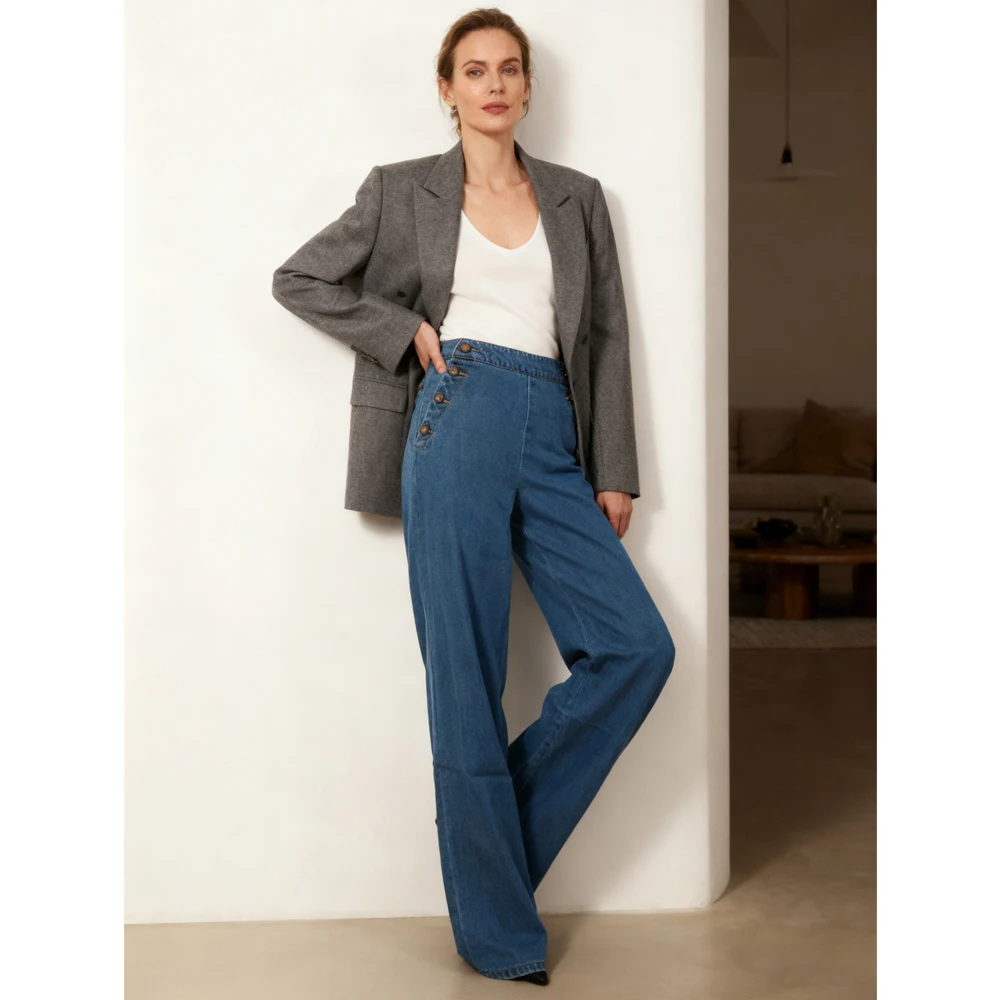 High-waist Casual Denim Trousers Featuring Trendy Pleated Flared Jeans