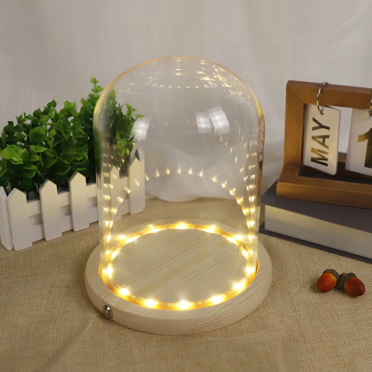 DIY clear glass display Cloches and Domes Bell Jar Terrarium with lighted wooden base Christmas landscape decoration for sale