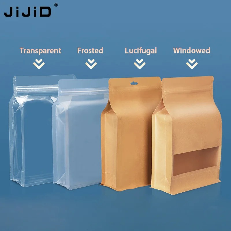 JIJID Custom Food Bag Stand up Bag Flat Bottom Ziplock Pouch Packaging Eight Side Sealing Frosted Bag With Window
