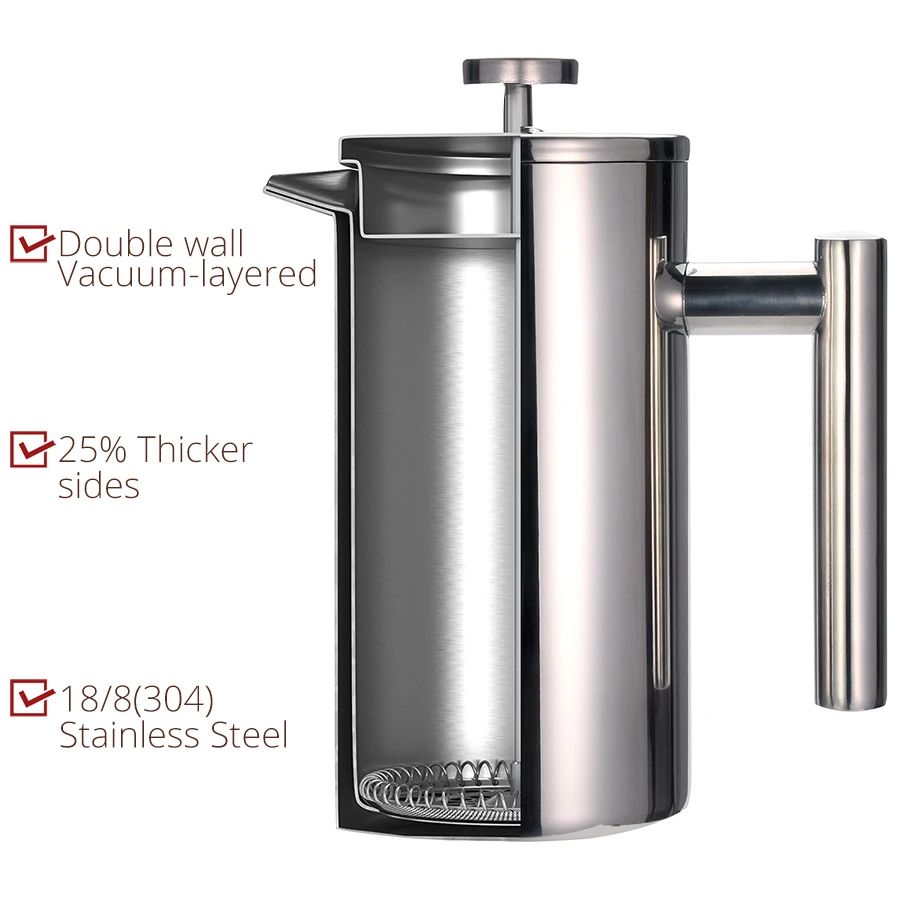 Factory Wholesales Double Wall Coffee Maker Stainless Steel French Coffee Press Stainless Steel 1000ml for Home Kitchen