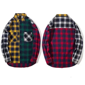 OEM wholesale hotsale casual color block patchwork flannel shirts for men cheap custom printing plaid shirts