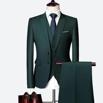 3 Piece Luxury Men's Wedding Suit Fashion Men's Slim Solid Color Business Office Suit Sets Large Size Men Blazer+ Pants + Vest