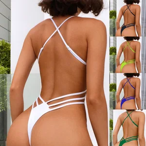 Solid Color One Piece Swimsuit, Sexy Backless High Cut Thong with Cut Out Design