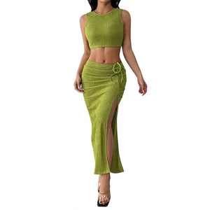 European and American Bow Collar Pleated Texture Split Set 2025 Summer New Cross-border Sleeveless Vest Two-piece Set