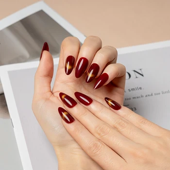 Customize Service for Design and Nail Tips Artificial Fingernails Glossy Press on Nail Golden Cat-eye Almond Press on Nail