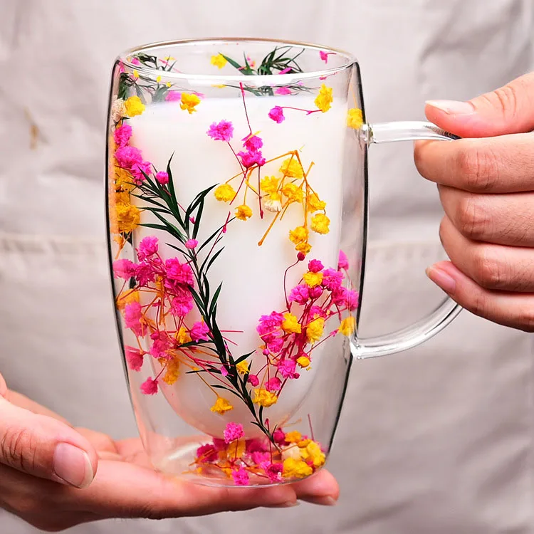 Dry Flower Cup ODM/OEM Manufacturers Custom LOGO High Borosilicate Double Wall Glass Cup with Dry Flower