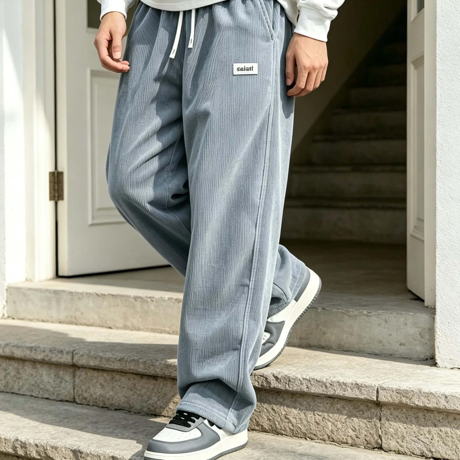 New Men Heavyweight Cotton Knitted High Waist Pleated Front Waterproof Wide Leg Casual Pants Elastic Drawstring Waist Trousers gallery 4