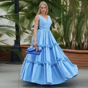 Runway Fashion Sleeveless Long Dress Women's Casual Solid Waist Slim-Fit V-Neck Edible Tree Gungus White Green Blue Party