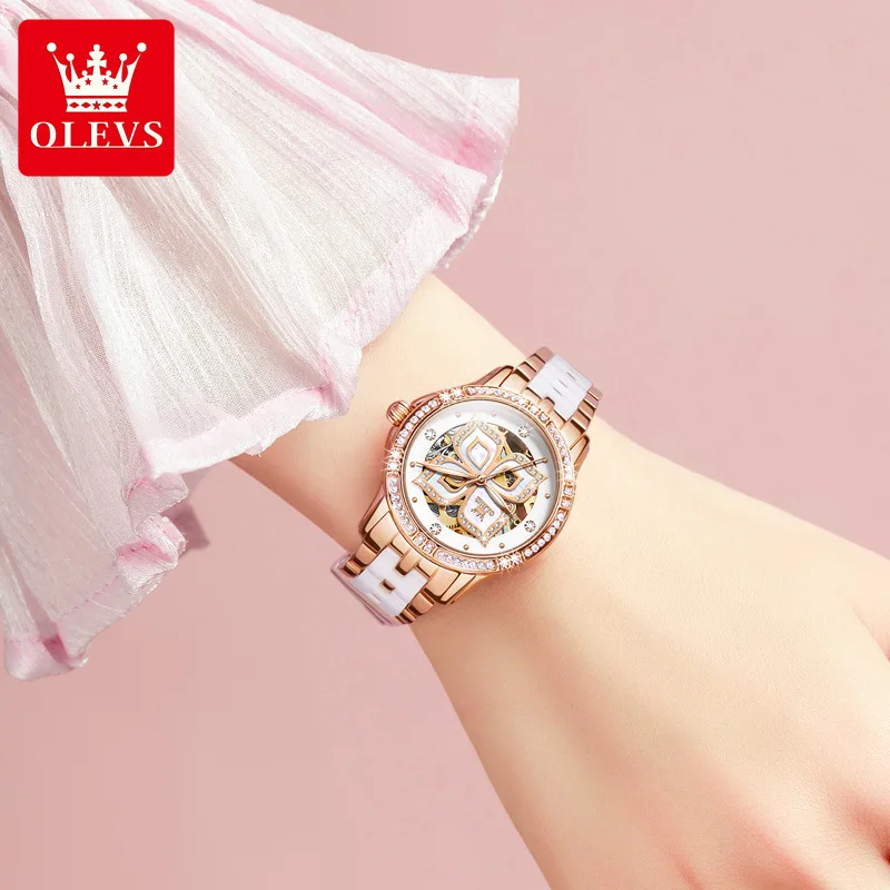 OLEVS 6612 Beautiful Flower Lady Mechanical Watch high quality luxury  Ceramic Band hollow out automatic Casual Watch Set