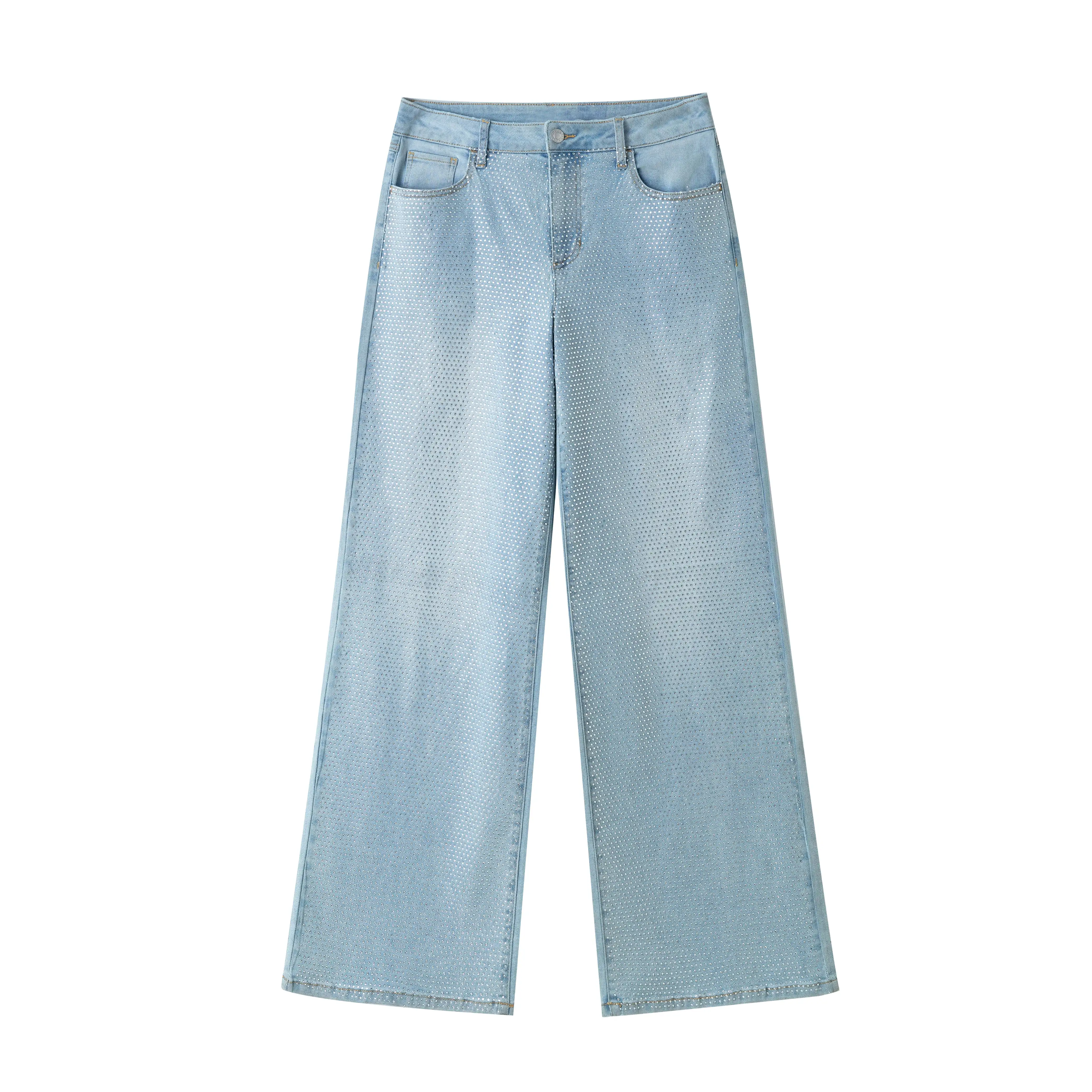 Custom Washed Washed Rhinestone Wide Leg Jeans Denim Pants Wide Leg Denim Jeans Baggy Women's Pants Women Jeans