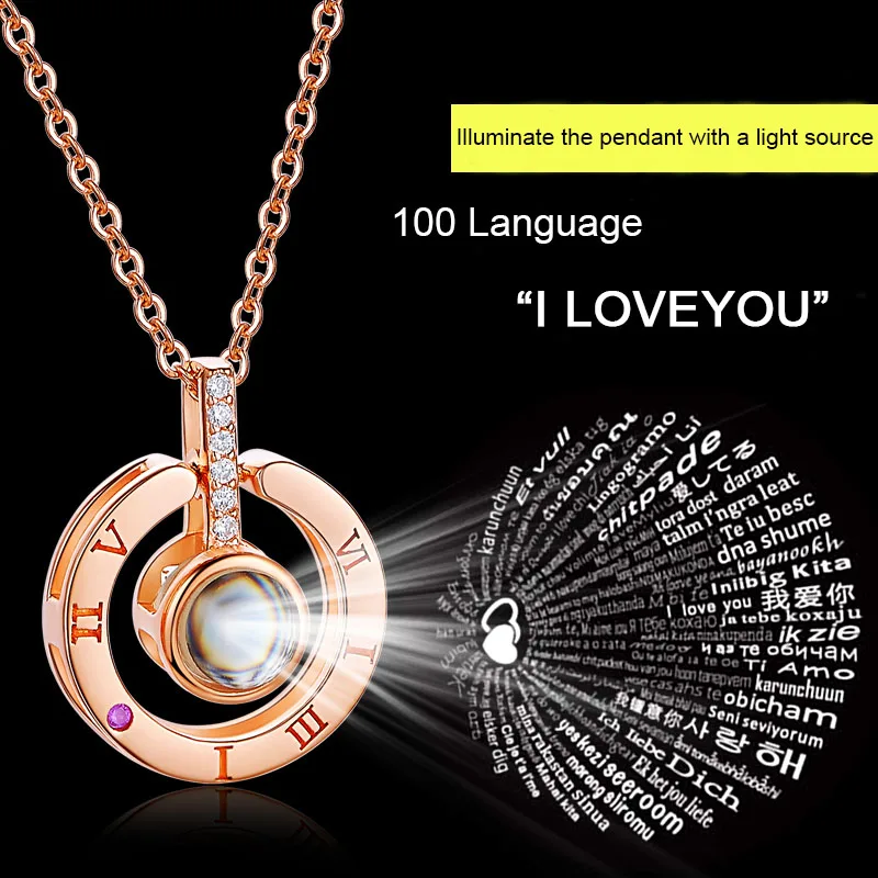 Q768 Personalized Initial I Love You 100 Languages Necklace Female Roman  Rose Gold Silver Pendant Love Projection Necklace