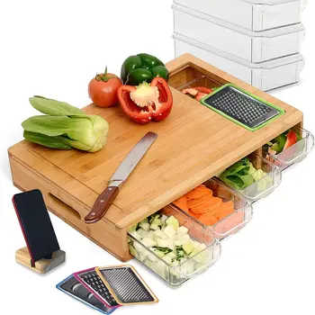 Portable Bamboo Cutting Board With 4 Containers,Graters And Phone Stand