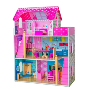 Large 3-Storey Wooden Dolls House DIY Mini Toy Set with Furniture & Accessories for Kids' Play & Villa Toy