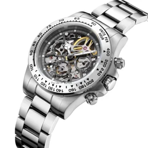 Customizable Men's Skeleton Mechanical Watch with Stainless Steel Case and Band 10 ATM,  Dress and Casual Style