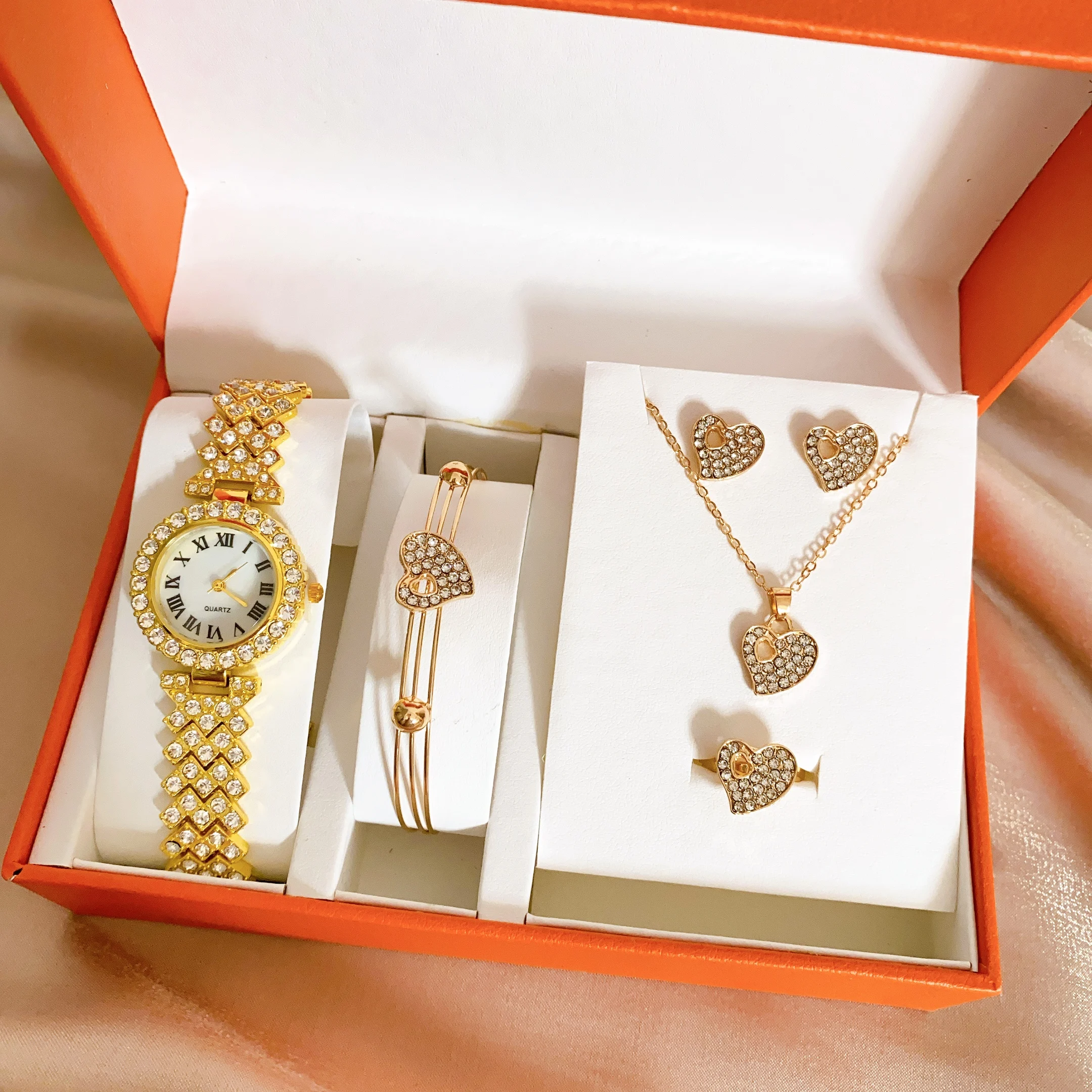 Watch Set Luxury Women Watches Crystal Bracelet Stud Earring Necklace