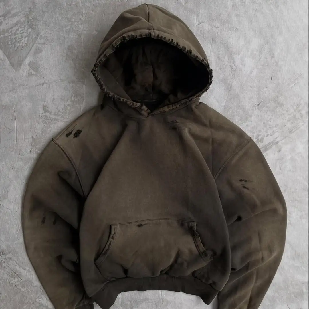 Upravovatelná streetwearová kapuci s plnou bavlnou 100 % – poškrábaná / potřená a monkey wash, zcela upravovatelná