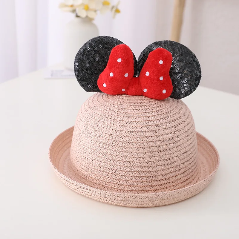 Woven Straw Boater Hat with Mouse Ears, Lightweight Breathable Sun Hat for Straw Boater Sun Hat Wide Brim Fedora Panama Beach Hat for  main image 2