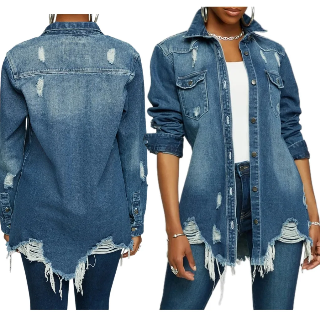 Cele mai vândute bluze casual pentru femei, din denim, cu mâneci lungi, tăiere largă, guler dantelat, model unicolor, top direct la vânzare în cantitate mare