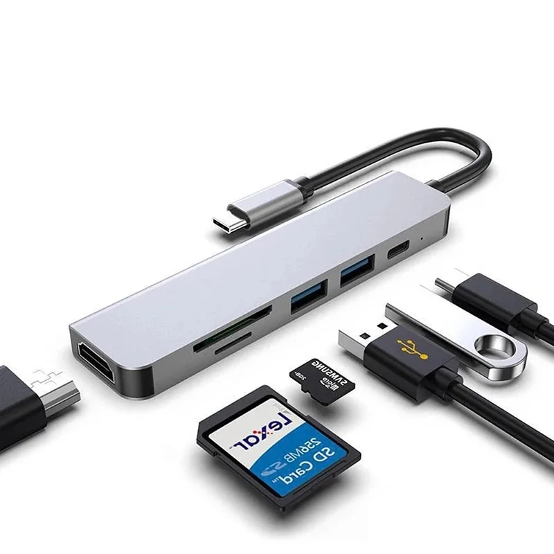 6 in 1 Port Type C Docking Station to USB Hub Secure Digital Card TF SD Card Concentrator HDTV Converter Expansion Dock