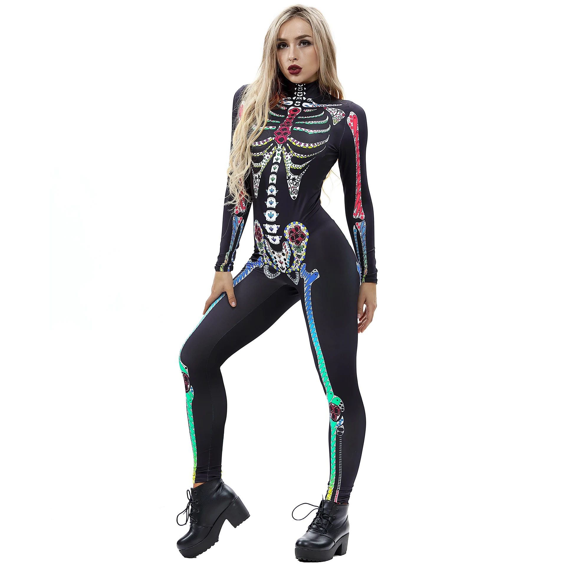 Womens Skeleton Halloween Cosplay Costume Bodysuit With Back Printing Sexy Skeleton Female 1031