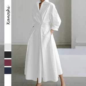 Women's Office Casual Turn-down Collar Long Sleeve Natural Waist Printed A-Line Bohemian Floor-Length Chiffon Dress Front