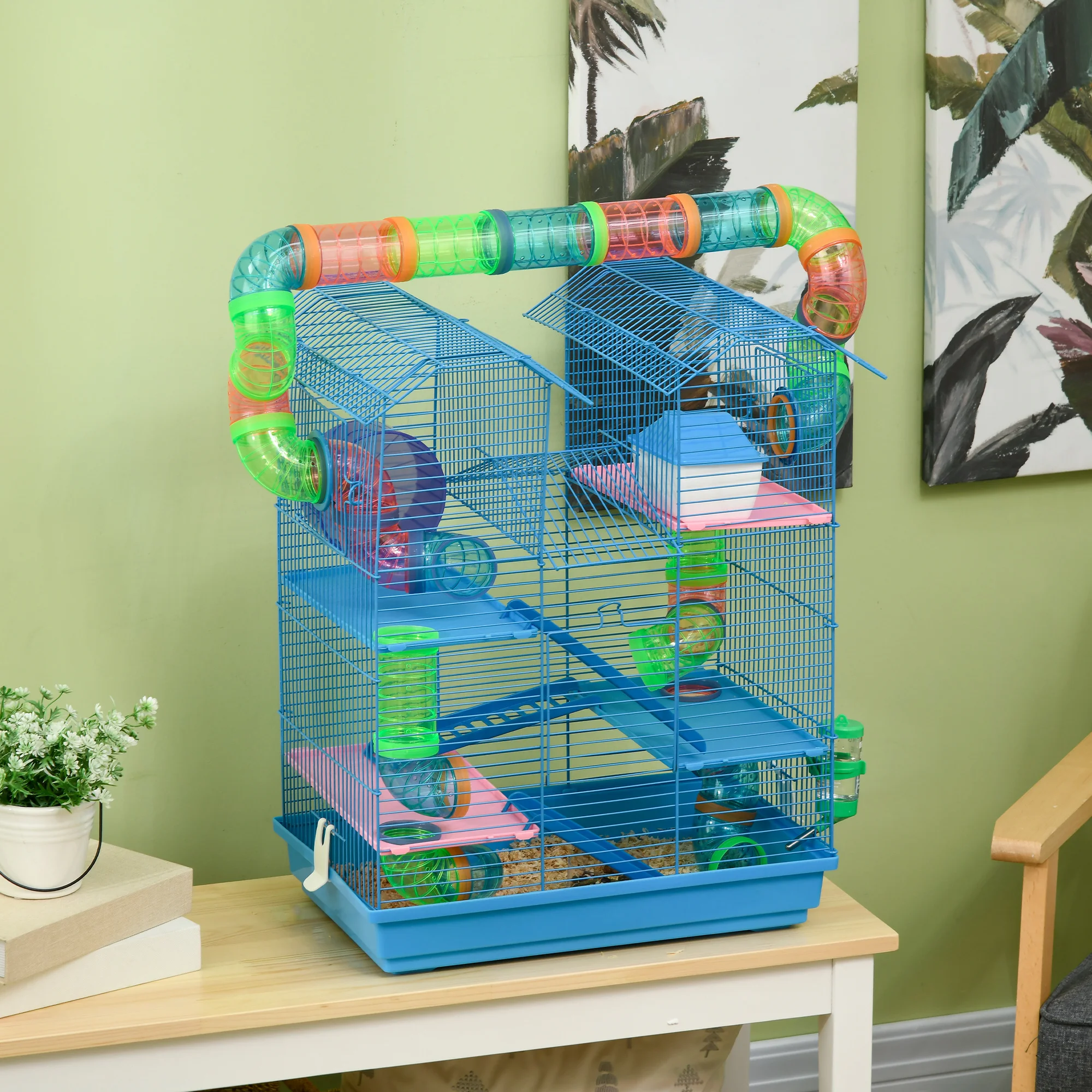 PawHut 5-Storey Hamster and Rodent Cage with Colourful Tubes, Wheel, House and Accessories Included, Blue, 47x30x59cm