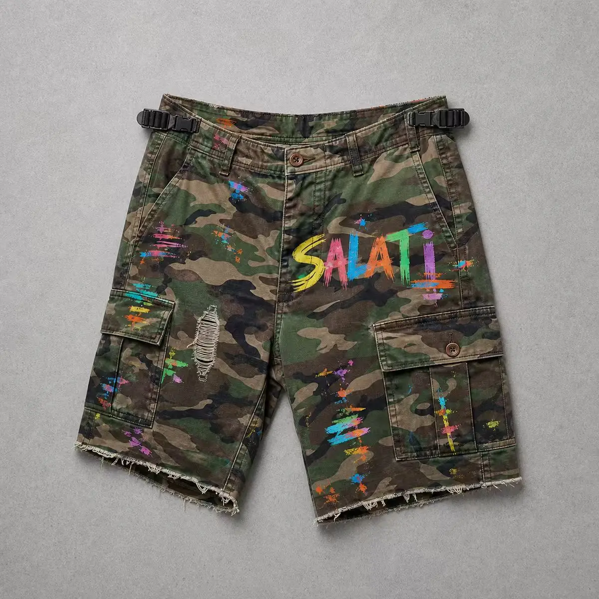 Vintage Graffiti Print Virgin Mary Embroidery Rivet Stud Trim Fray Raw Hem Baggy Denim Jorts Y2K Hip Hop Mens Street Shorts gallery 3
