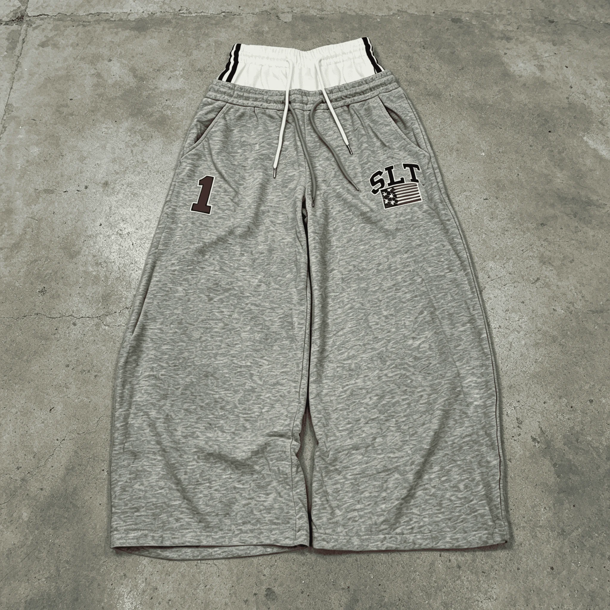 Custom Mens Double Waist Sweatpants Gray Wide Leg Streetwear Printed Casual Pants For Hip Hop Urban Style