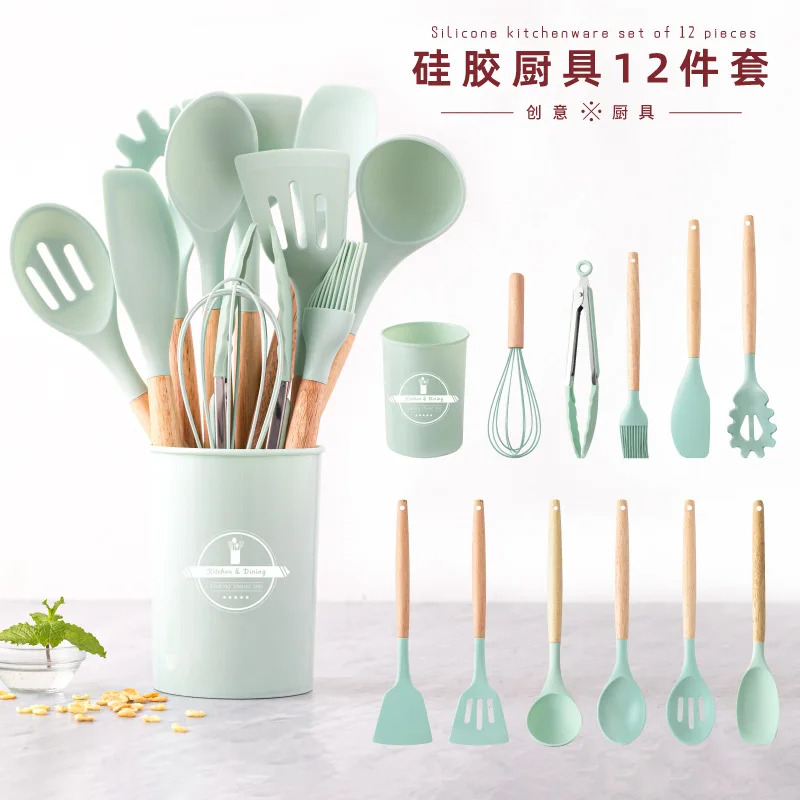 Деревянная лопатка с ручкой 12 шт. красочный набор кухонная посуда антипригарный инструмент для выпечки силиконовый кухонной посуды