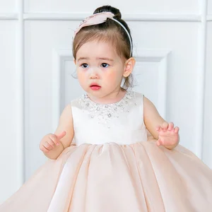 Hot Sale Classic Design Baby Girls Satin Dress Fluffy Princess Dress with Broken Diamond Bow for Party Wedding
