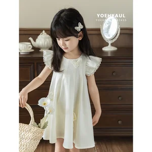 YOEHYAUL X4392 Summer Custom High Quality Kids White Dresses for Girls 3D Flower Butterfly Elegant Satin Baby Girls Dress Sweet