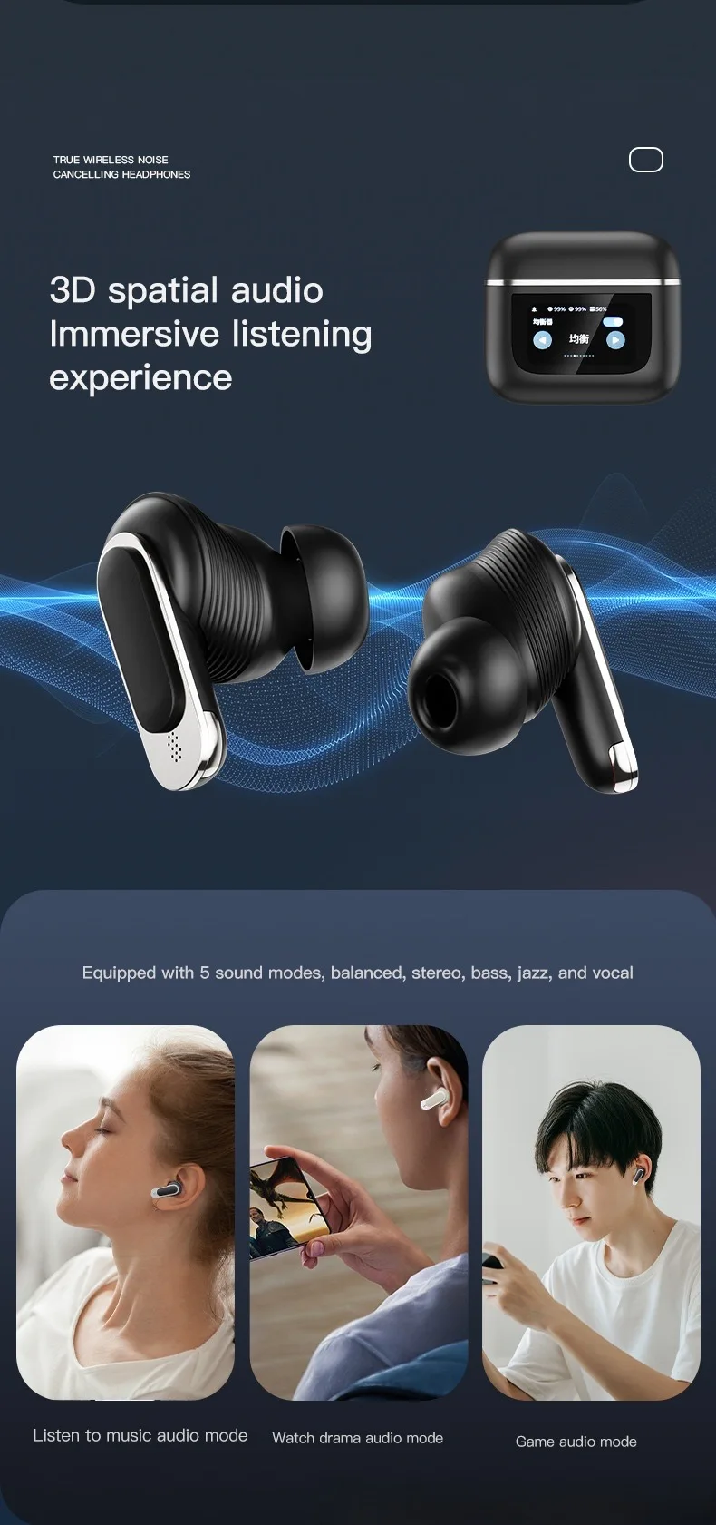 2024 V8 Earphones with Noise Cancelling Sport Earbuds Headset Smart LCD Touch Screen Microphone Fast Wireless Charging